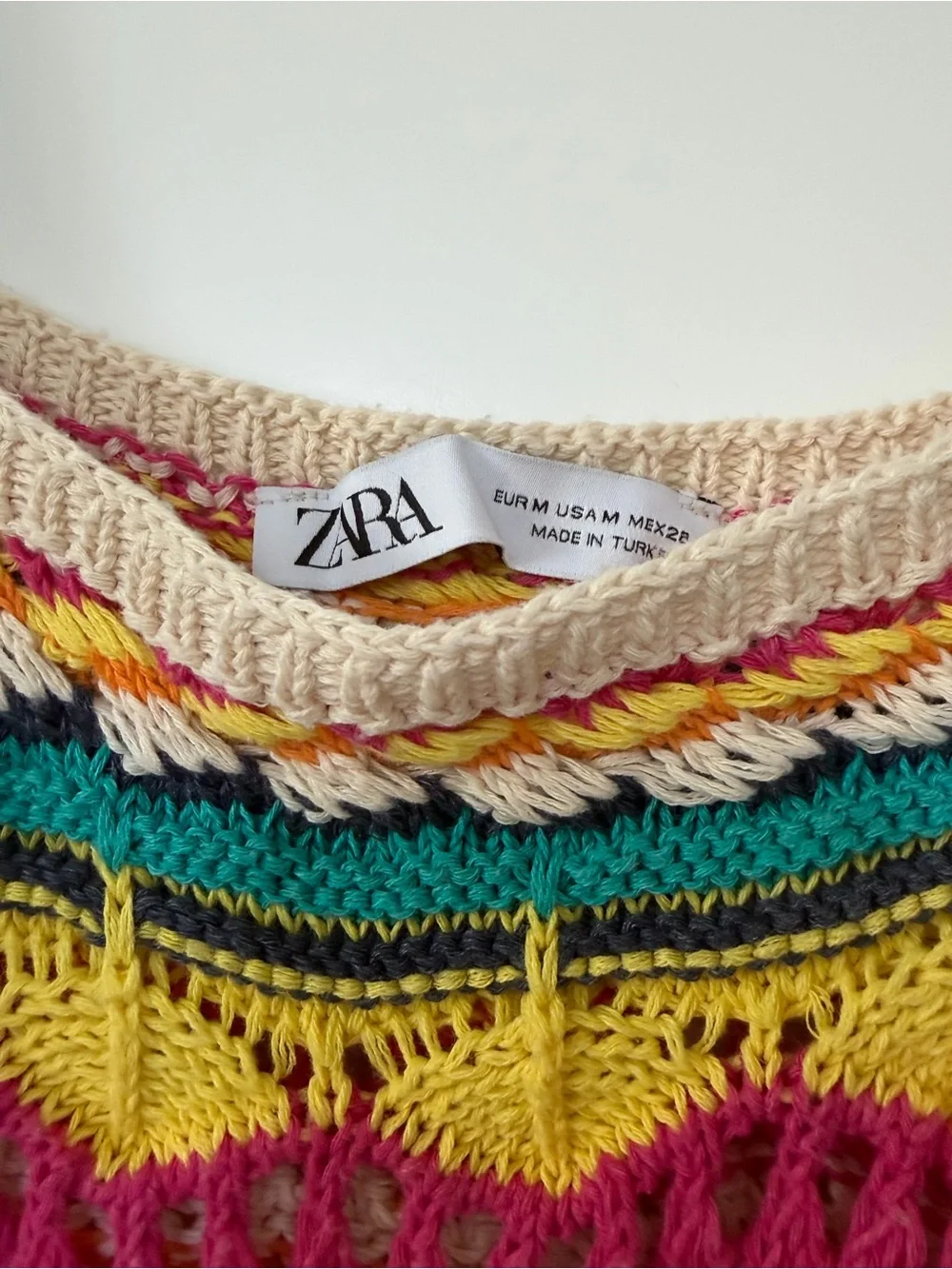 Zara Cream Crochet Scoop Neck Top with Yellow, Pink, Teal & Orange Accents